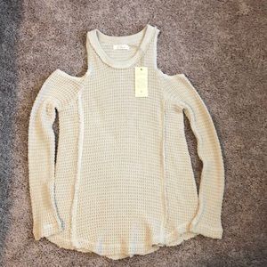 Cream, open-shoulder, waffle sweater